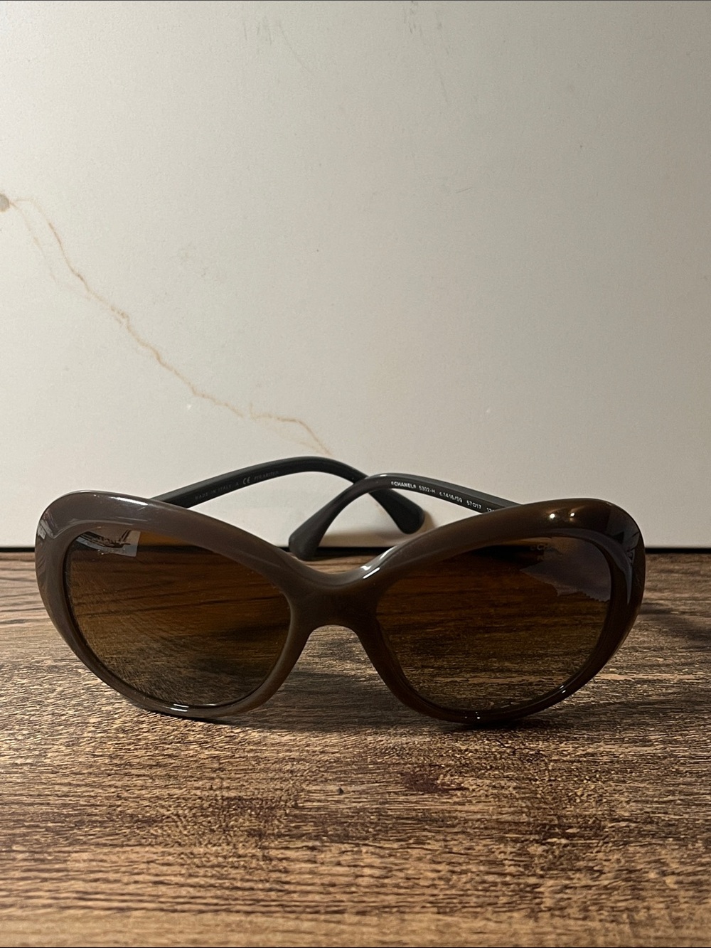 Authentic Chanel taupe Oversized Sunglasses with pearl on temples. 5302-H c.1416